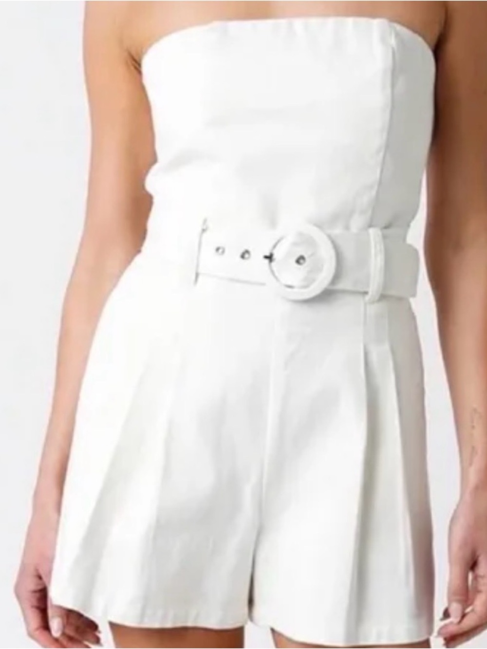 Strapless White Linen Belted Romper